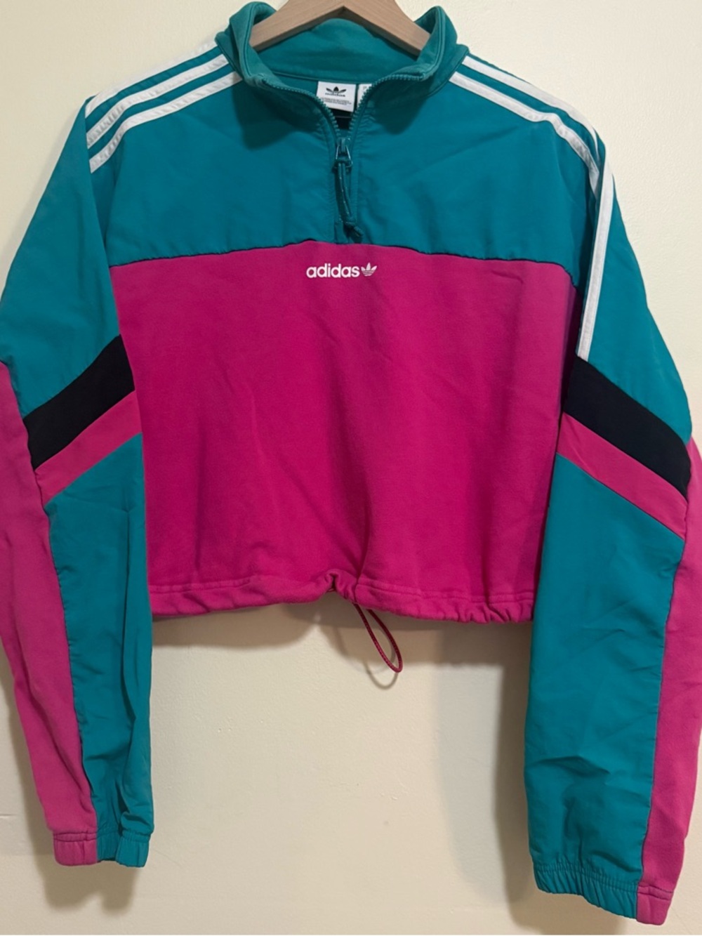 Adidas 80s inspired Teal & Pink 1/4 zip crop womens sweatshirt w/ drawstring